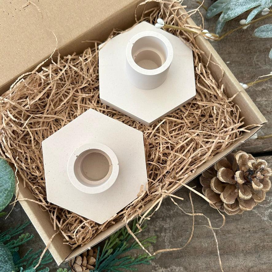 Beige Hexagonal Taper Candle Holders Set of 2 - Christmas Gift SetLightning Marketing